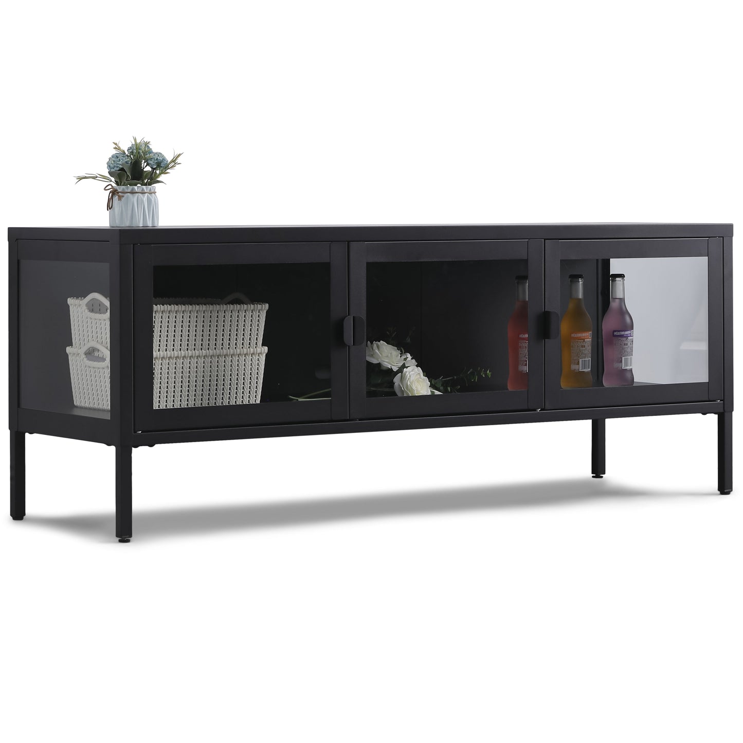 Herman - Meuble TV en métal/verre noir 130 x 40 x 50 cm
