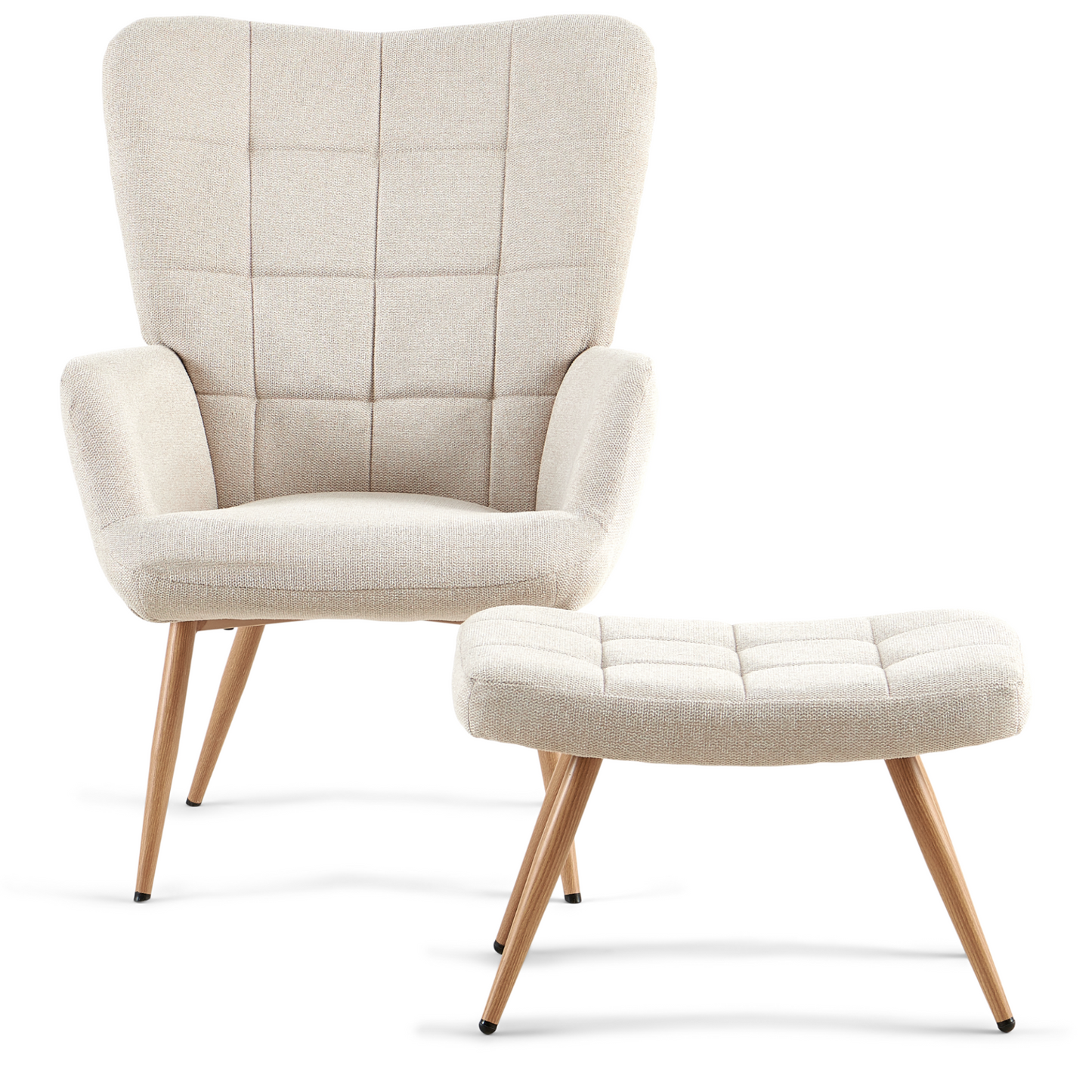 Allison Fauteuil avec Repose-pieds - tissu beige avec effet chêne