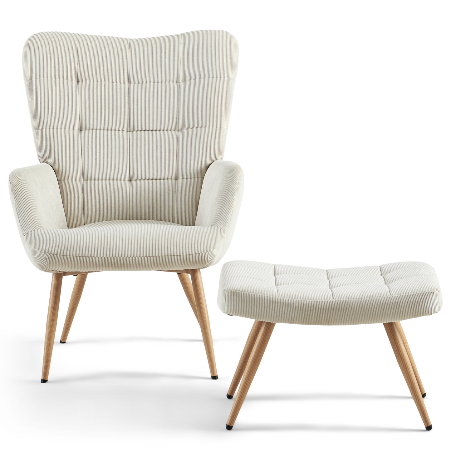 Allison fauteuil avec repose-pieds - velours beige avec look chêne