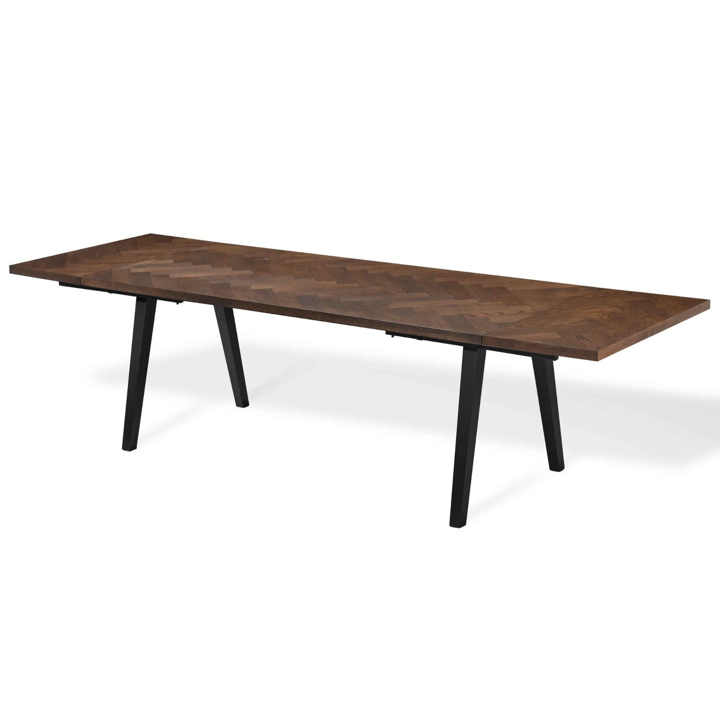 Madelina - Table en chêne fumé 200/290 x 90 cm avec pieds en chevrons (préparée pour rallonges)