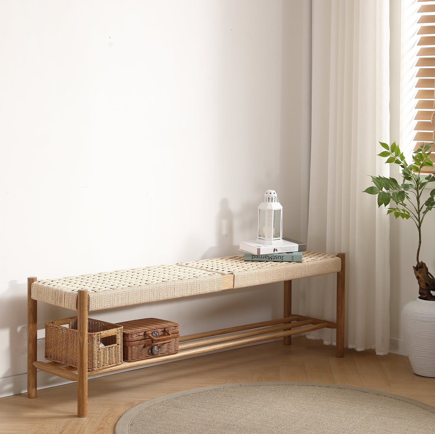 Banc Elias en chêne avec assise tressée 140x35x45