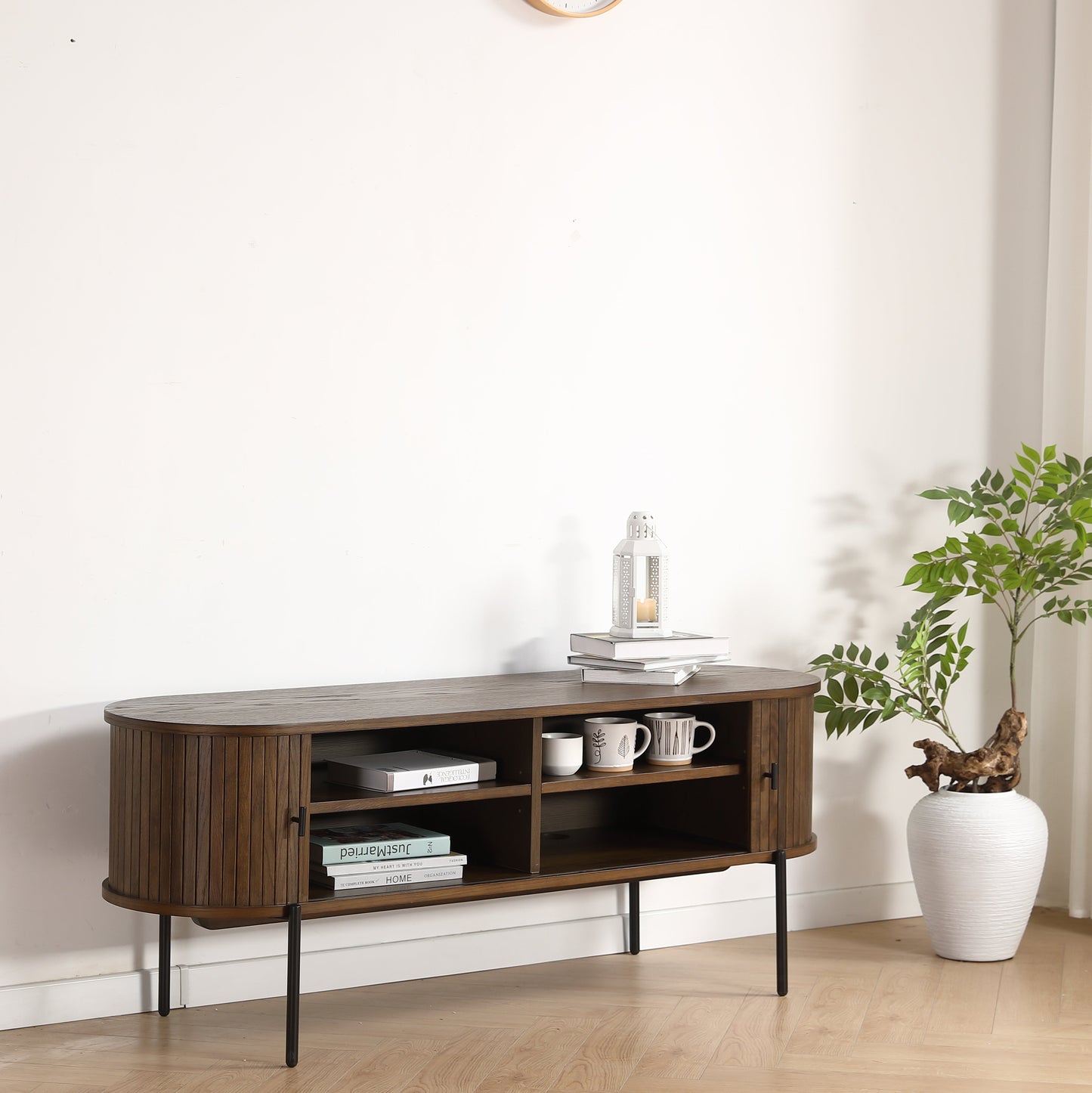 Florence - Meuble TV en chêne fumé avec lamelles 138 x 40 x 55 cm