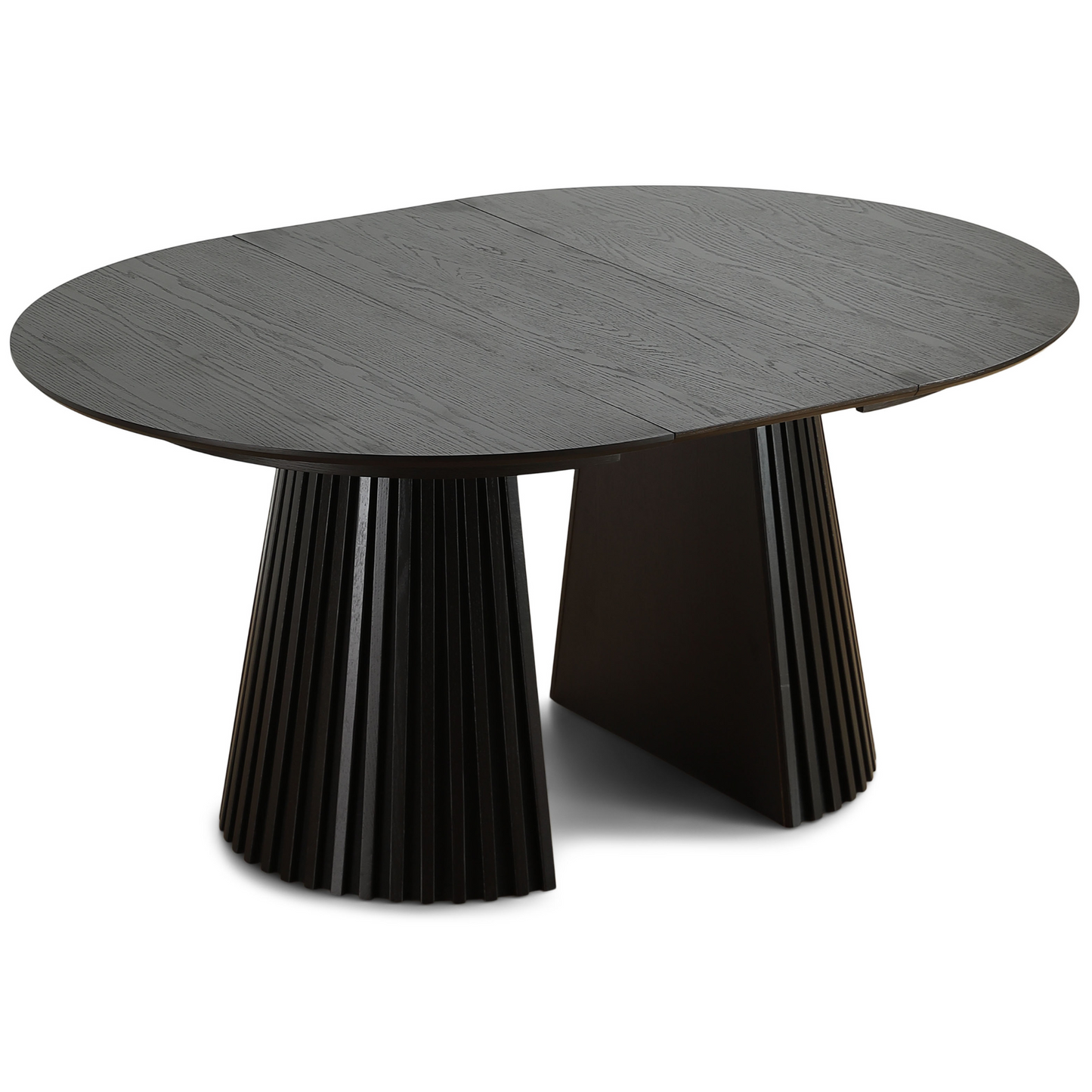 Lewis - Table ronde à lamelles en placage de chêne noir avec rallonge 120/160/200 cm - 2 rallonges incluses
