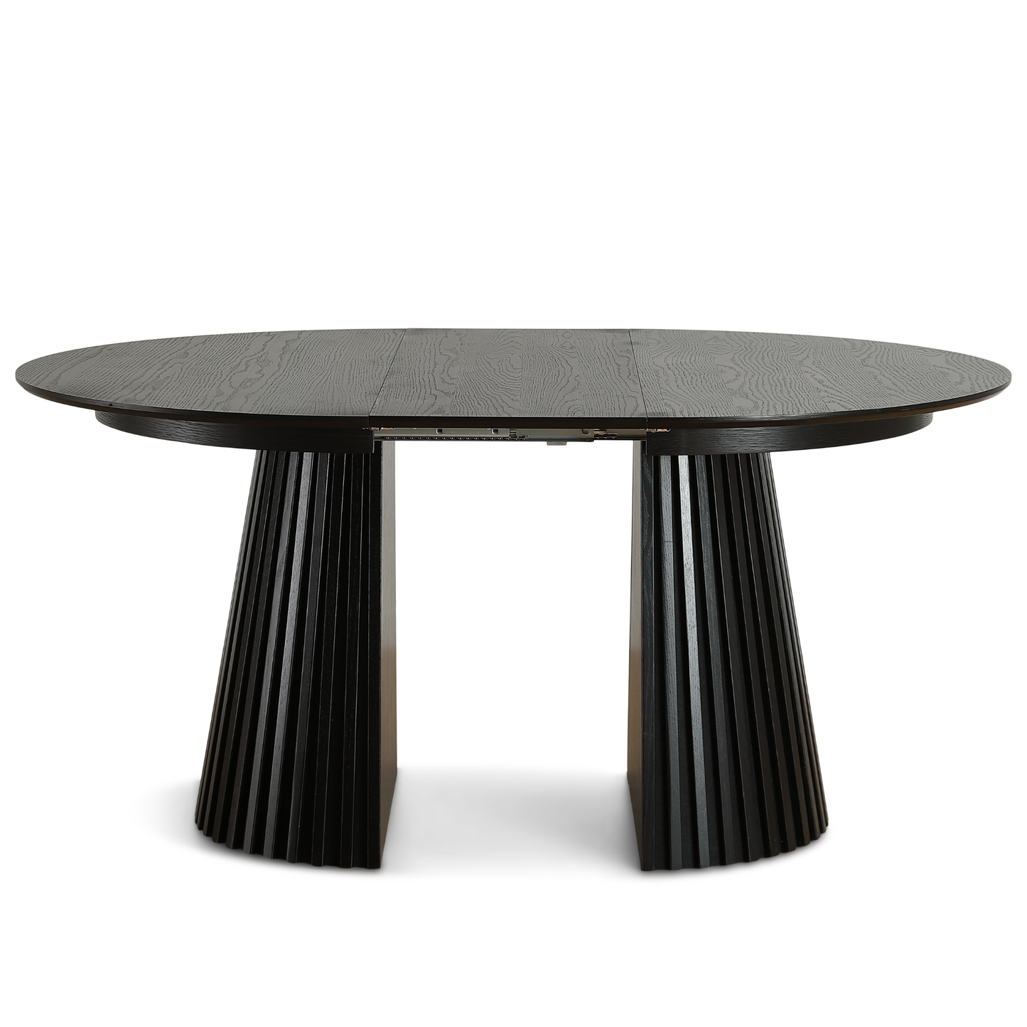 Lewis - Table ronde à lamelles en placage de chêne noir avec rallonge 120/160/200 cm - 2 rallonges incluses