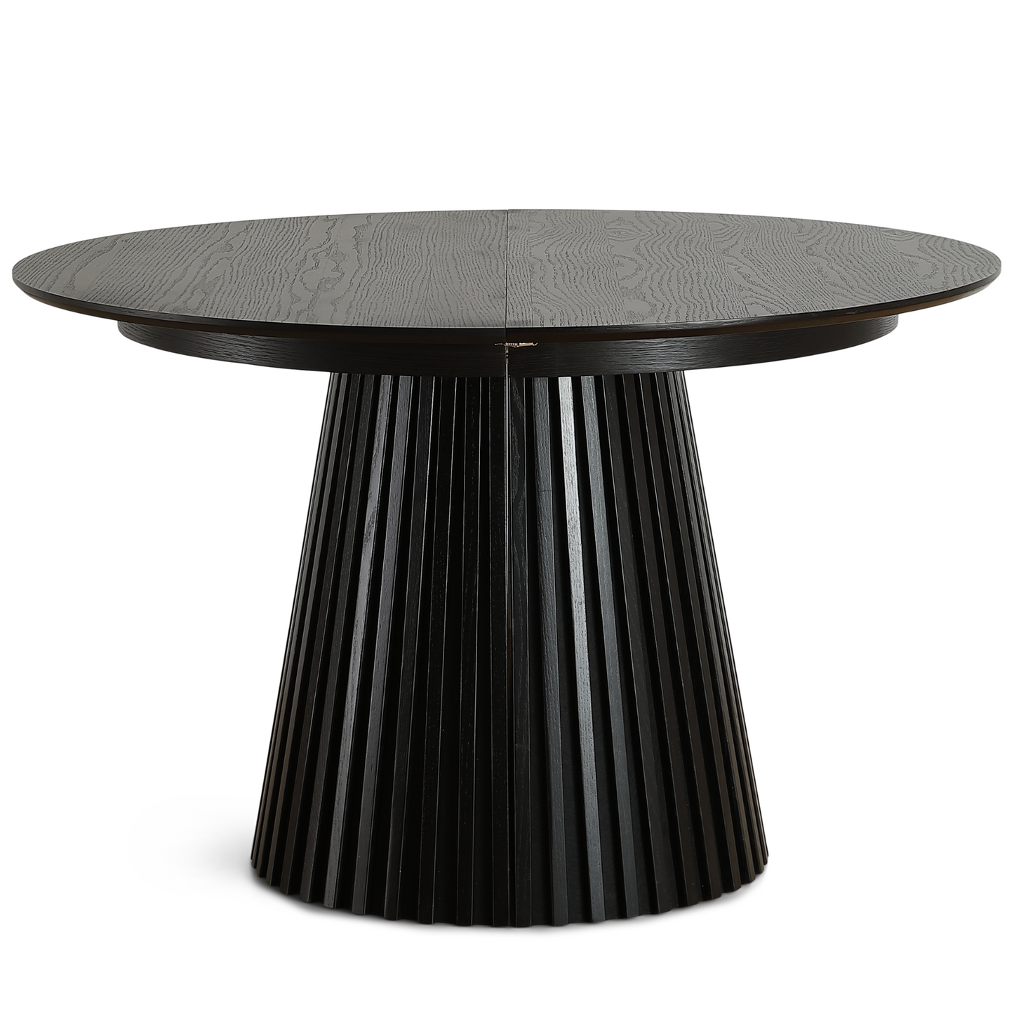 Lewis - Table ronde à lamelles en placage de chêne noir avec rallonge 120/160/200 cm - 2 rallonges incluses
