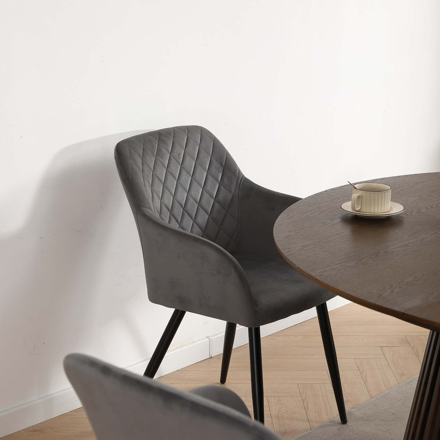 Carlo - Chaise de salle à manger en velours gris avec accoudoirs