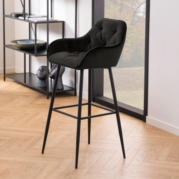 Mario - Tabouret de bar avec dossier en velours noir 65 cm