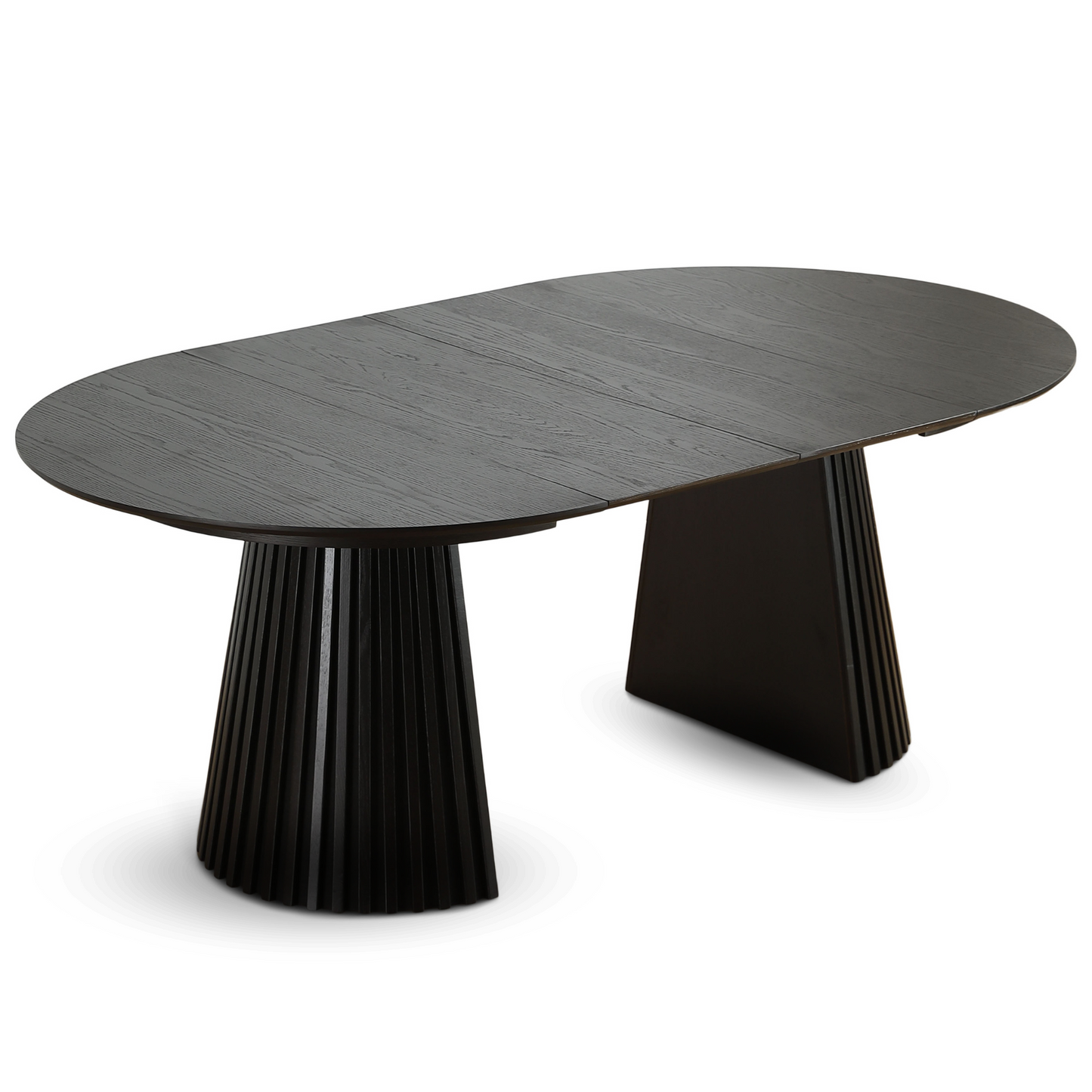 Lewis - Table ronde à lamelles en placage de chêne noir avec rallonge 120/160/200 cm - 2 rallonges incluses