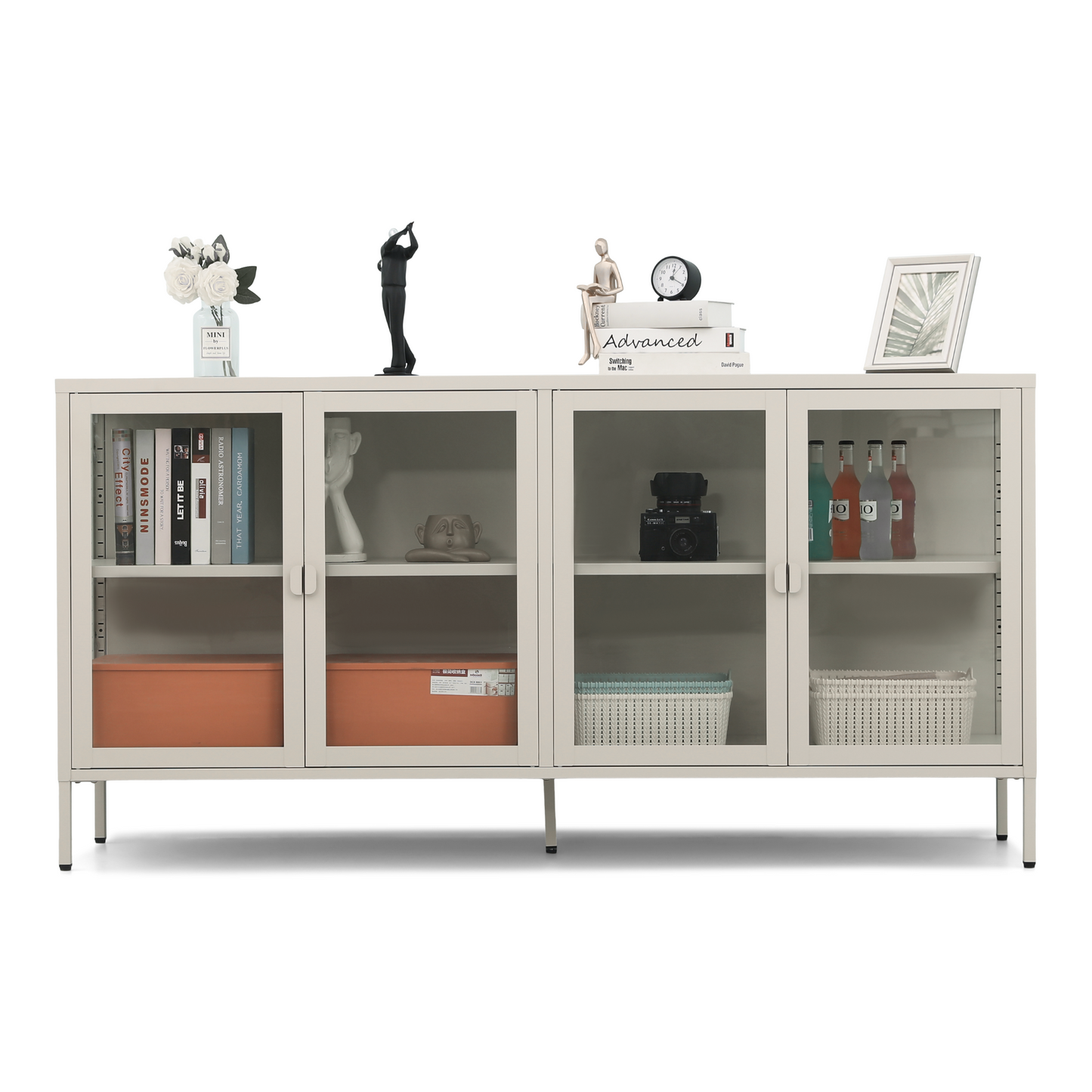 Herman - Vitrine en métal beige/verre 170 x 40 x 85 cm