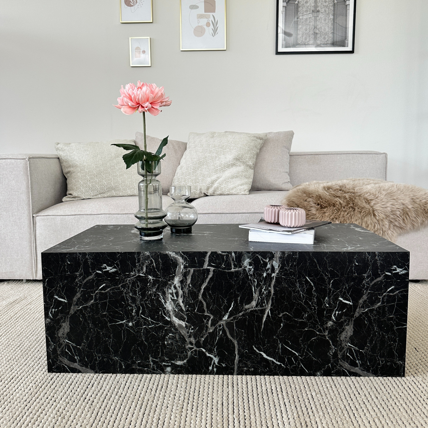 Adele - Table basse rectangulaire en aspect marbre noir 100 x 50 cm