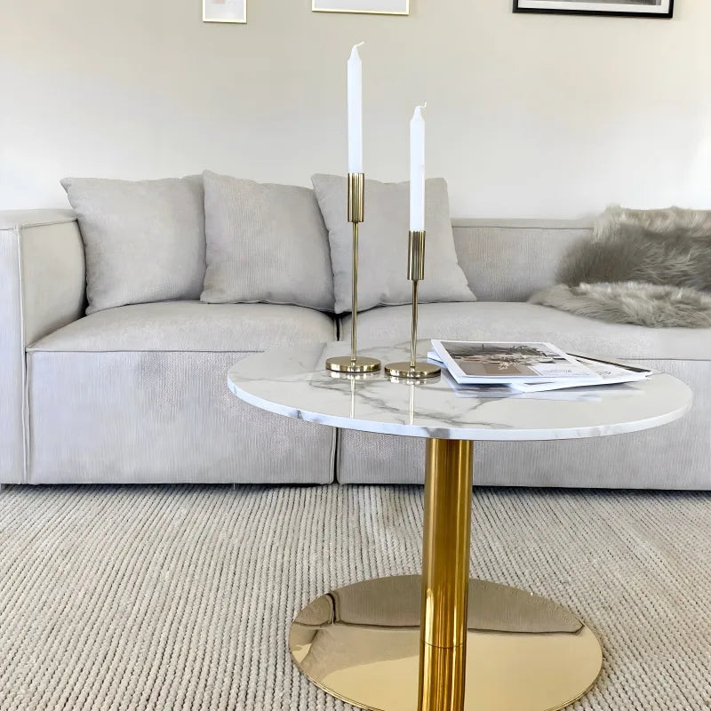 Lazio - Table basse en aspect marbre blanc avec pieds en laiton/doré Ø70 cm