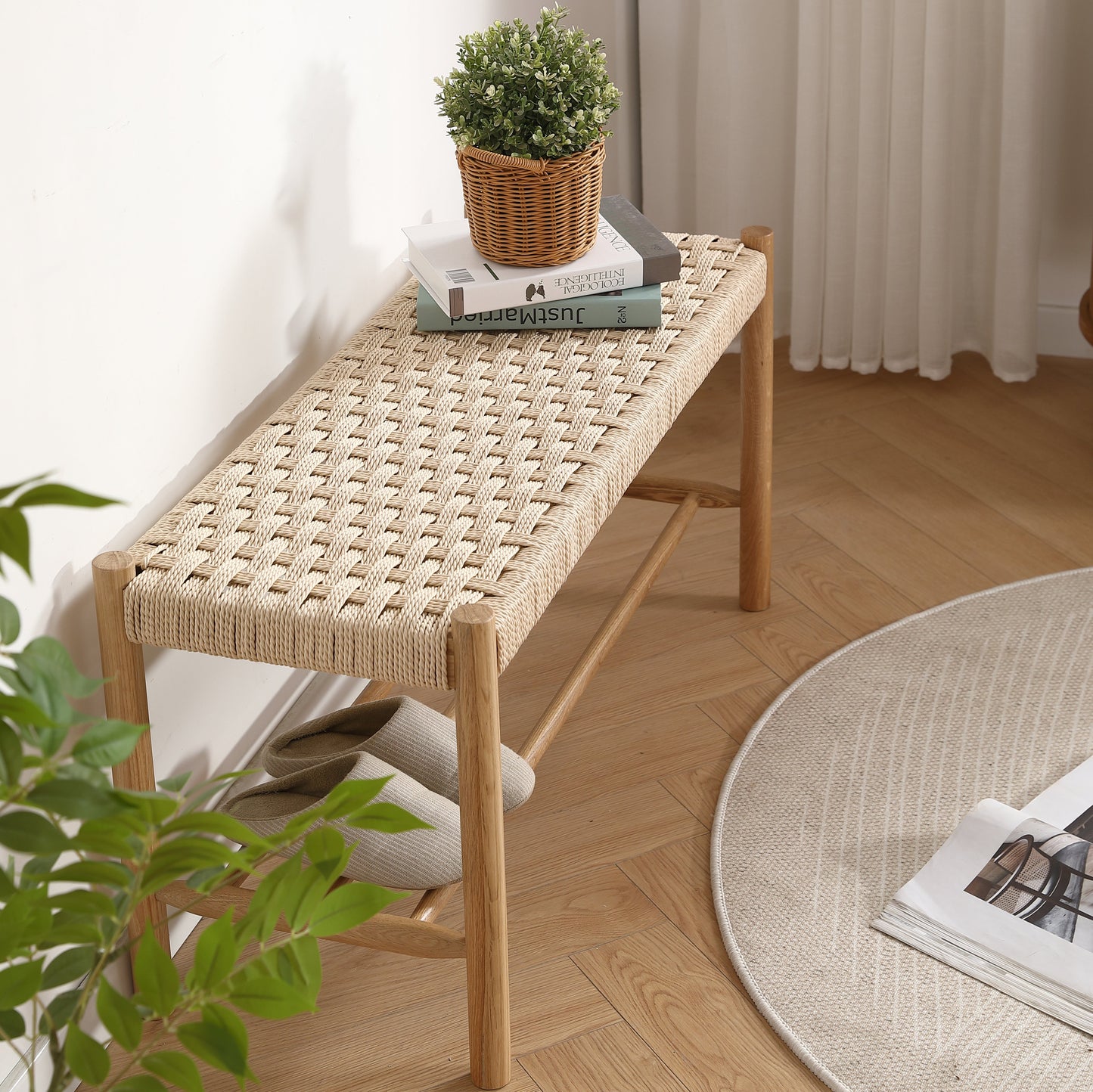 Banc Elias en chêne avec assise tressée 90x35x45