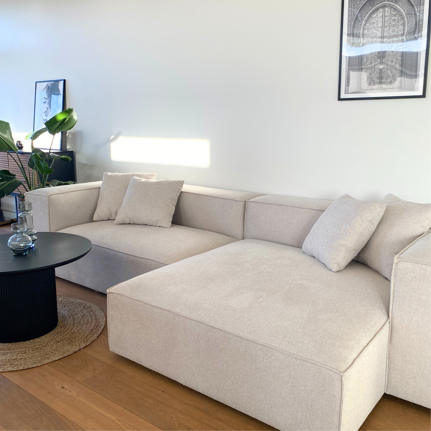 Hailey - Canapé modulaire beige avec méridienne gauche et 2 modules L: 294 x P: 148 x H: 65 cm