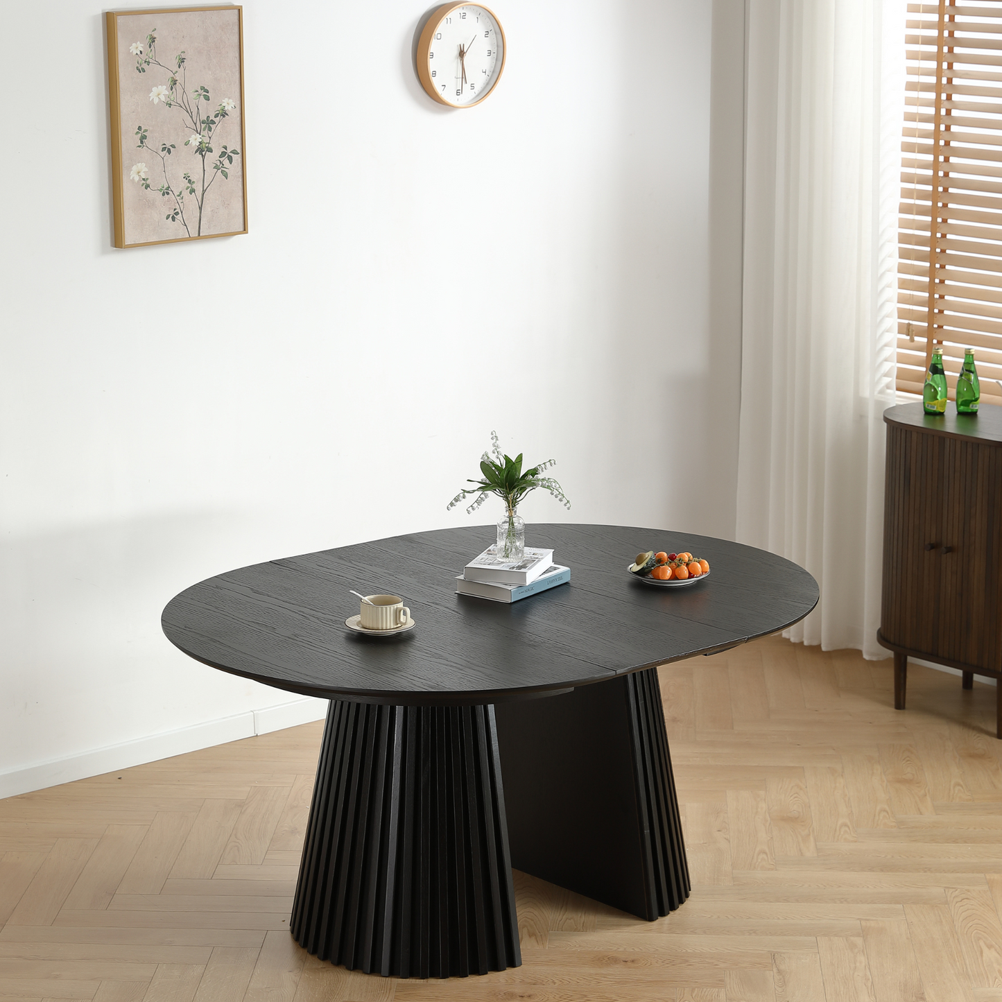 Lewis - Table ronde à lamelles en placage de chêne noir avec rallonge 120/160/200 cm - 2 rallonges incluses
