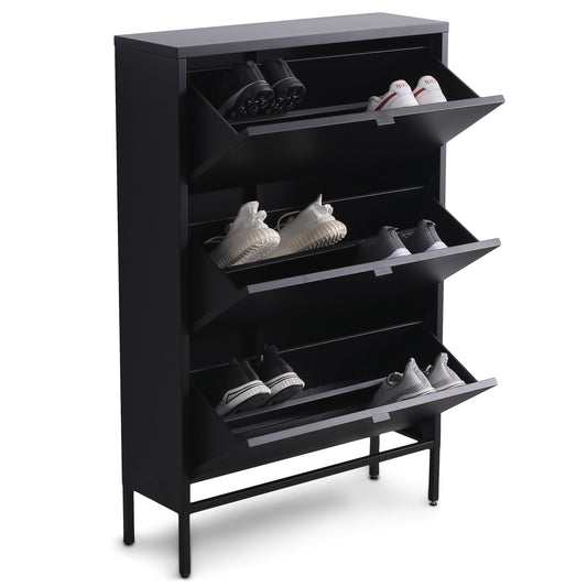 Herman - Meuble à chaussures en métal noir avec 3 compartiments 80 x 26 x 125 cm