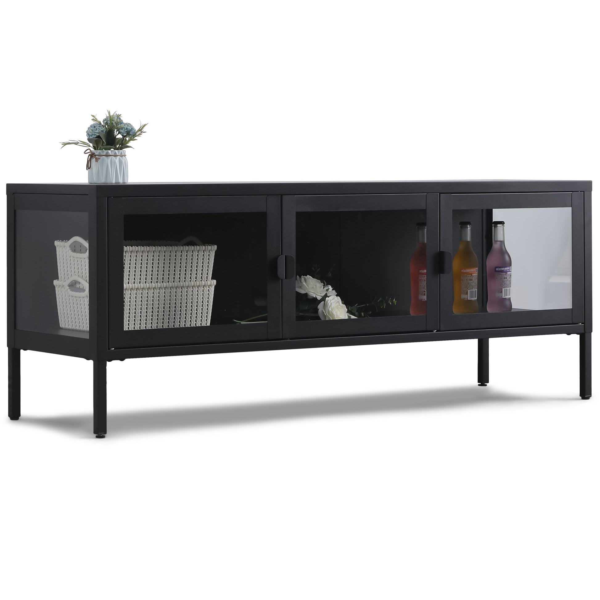 Herman - Meuble TV en métal/verre noir 130 x 40 x 50 cm