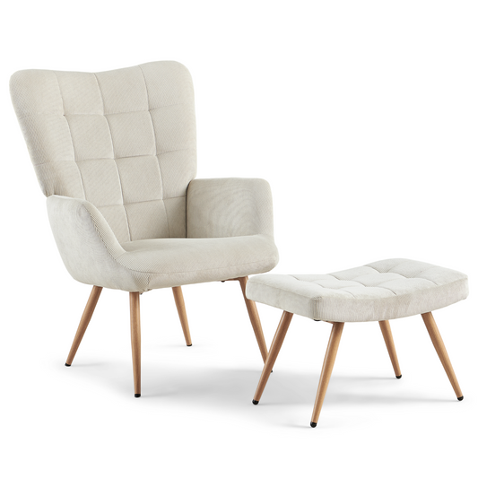 Allison fauteuil avec repose-pieds - velours beige avec look chêne