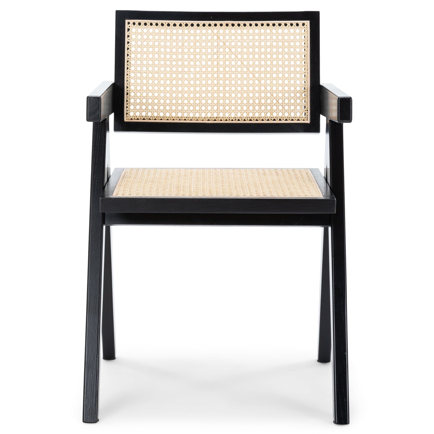 Ava - Chaise de salle à manger avec accoudoirs noire avec assise en rotin