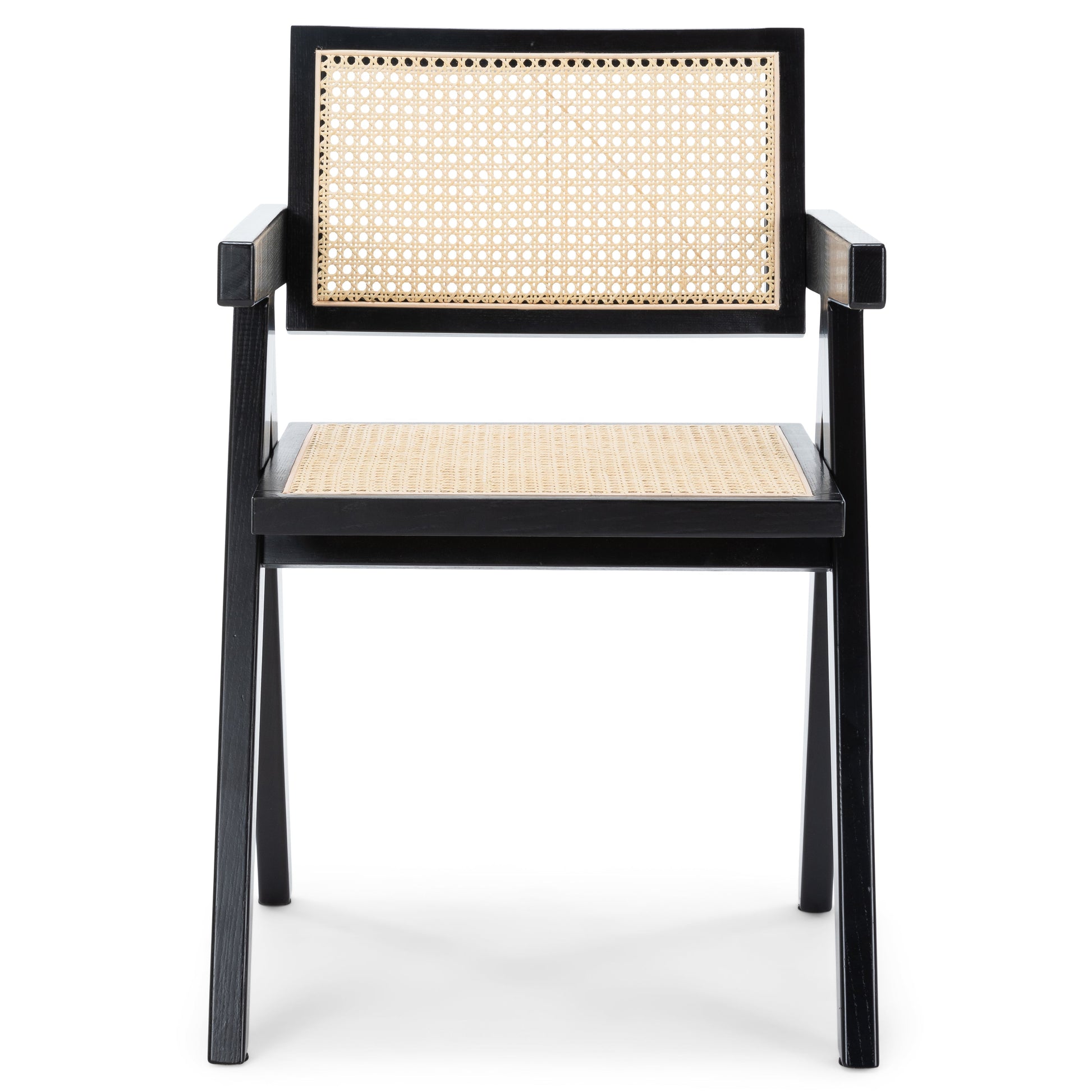 Ava - Chaise de salle à manger avec accoudoirs noire avec assise en rotin