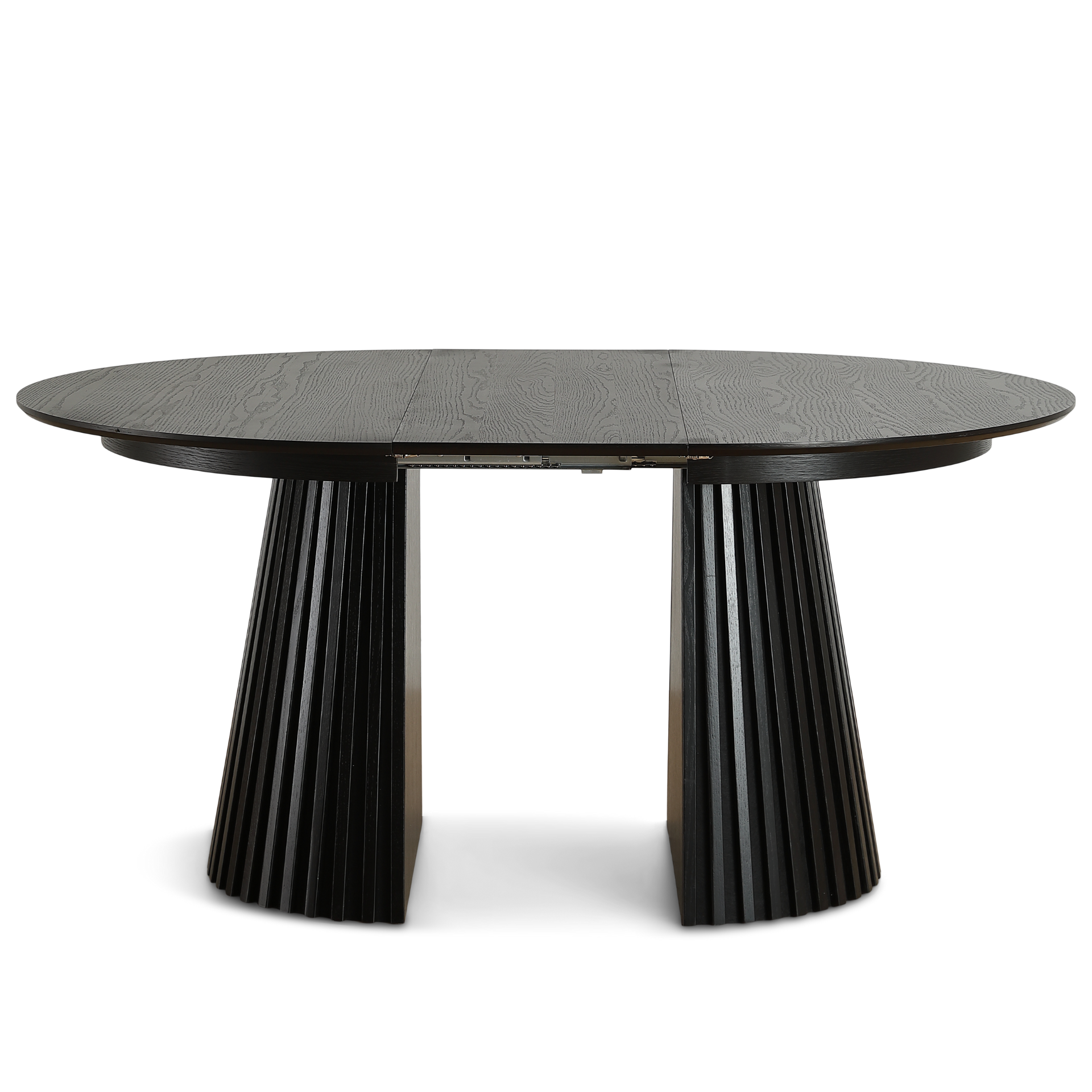 Lewis - Table ronde à lamelles en placage de chêne noir avec rallonge 120/160/200 cm - 2 rallonges incluses