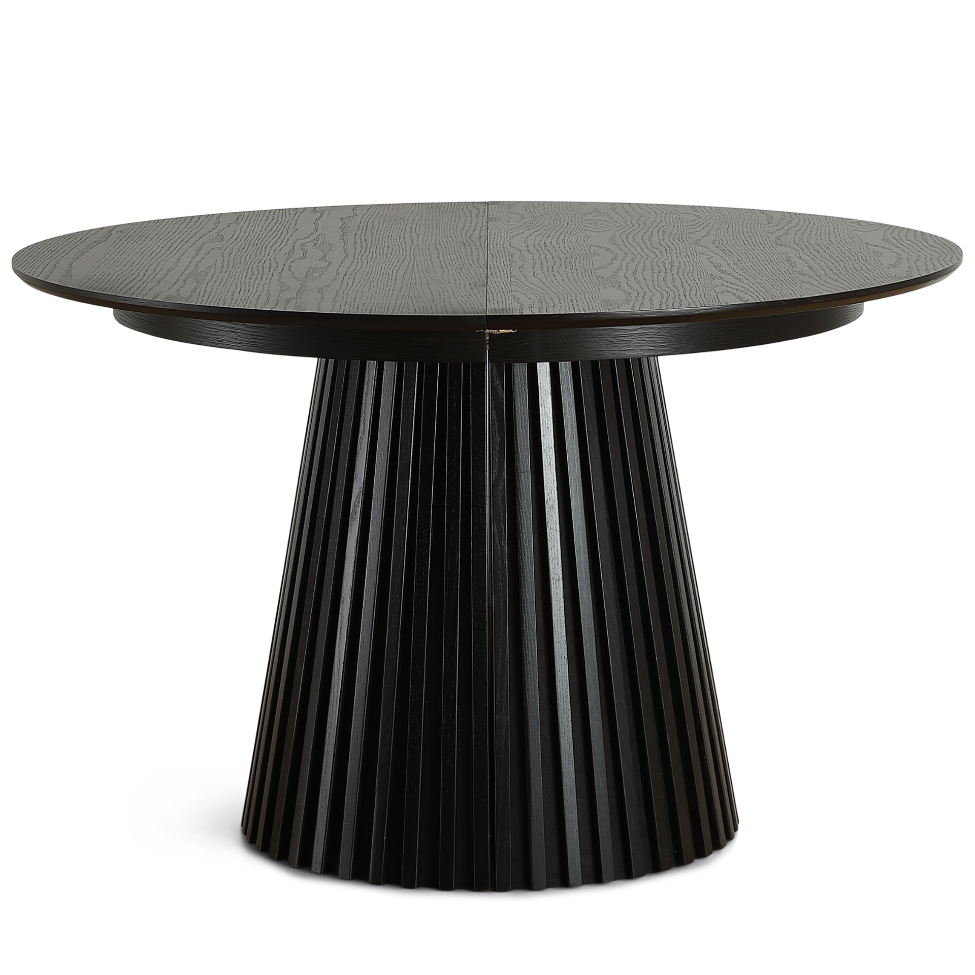 Lewis - Table ronde à lamelles en placage de chêne noir avec rallonge 120/160/200 cm - 2 rallonges incluses