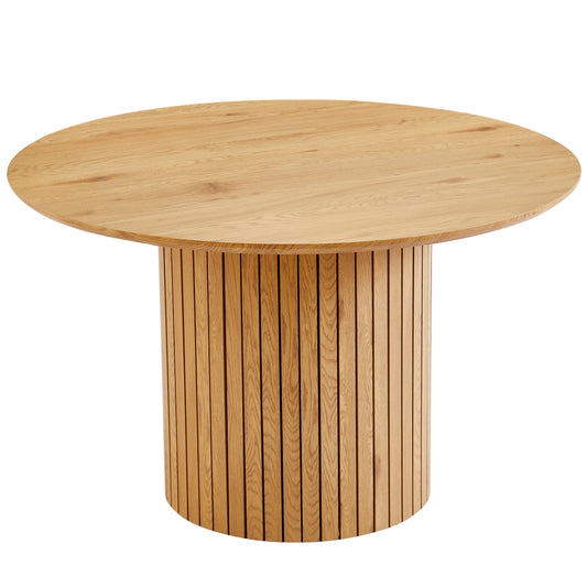 Milas - Table ronde à lamelles Ø120 cm aspect chêne avec pied colonne