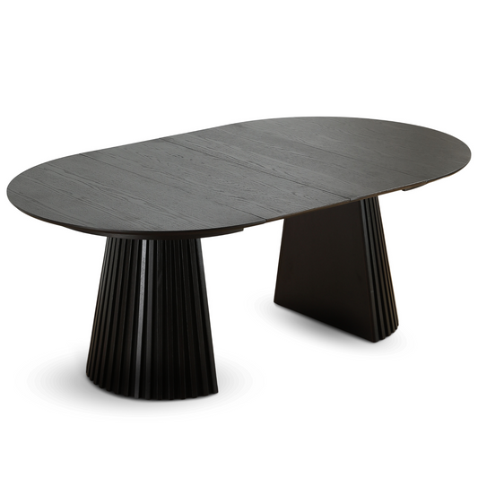 Lewis - Table ronde à lamelles en placage de chêne noir avec rallonge 120/160/200 cm - 2 rallonges incluses