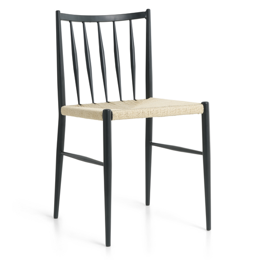Elena - Chaise de salle à manger noire avec assise en rotin tressé