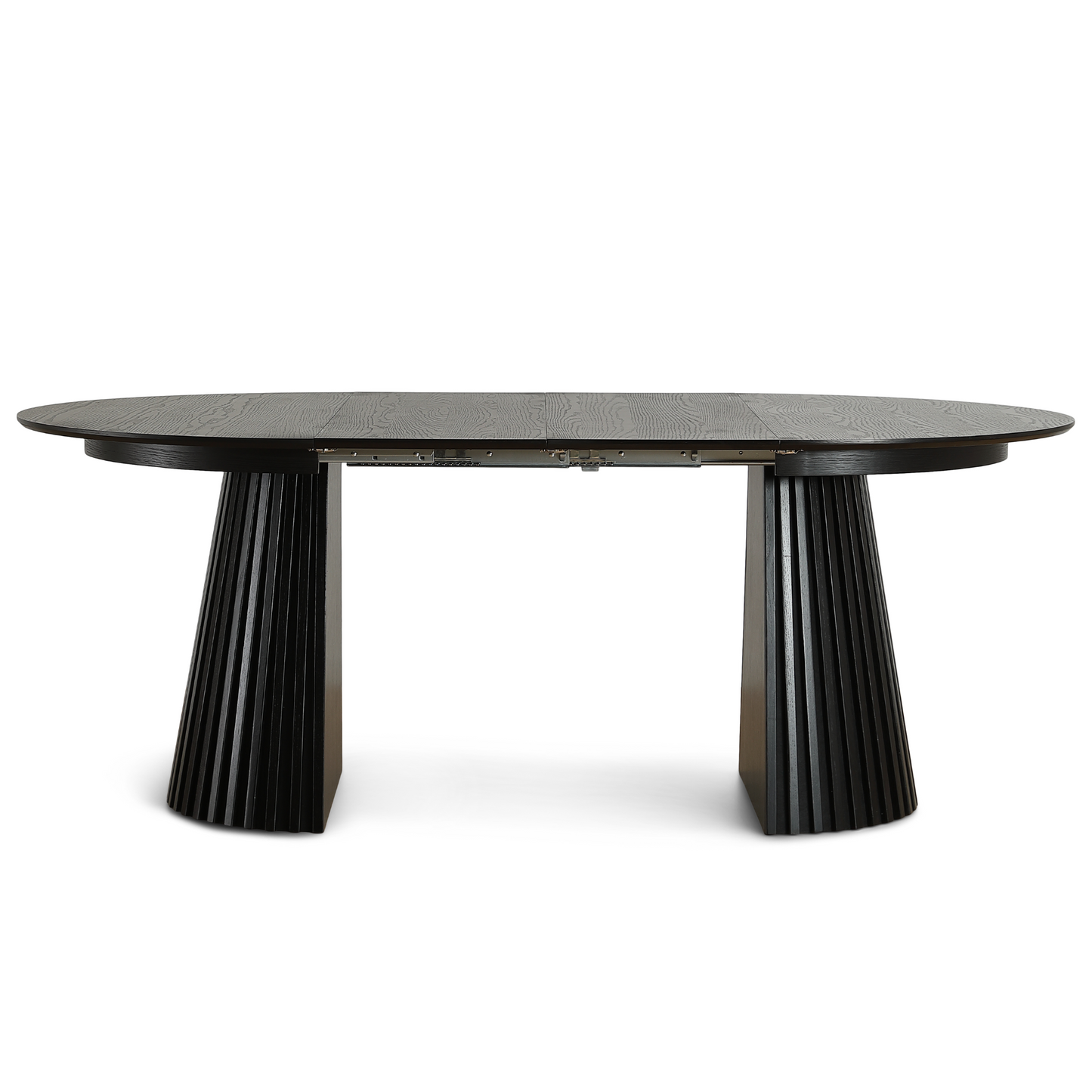 Lewis - Table ronde à lamelles en placage de chêne noir avec rallonge 120/160/200 cm - 2 rallonges incluses