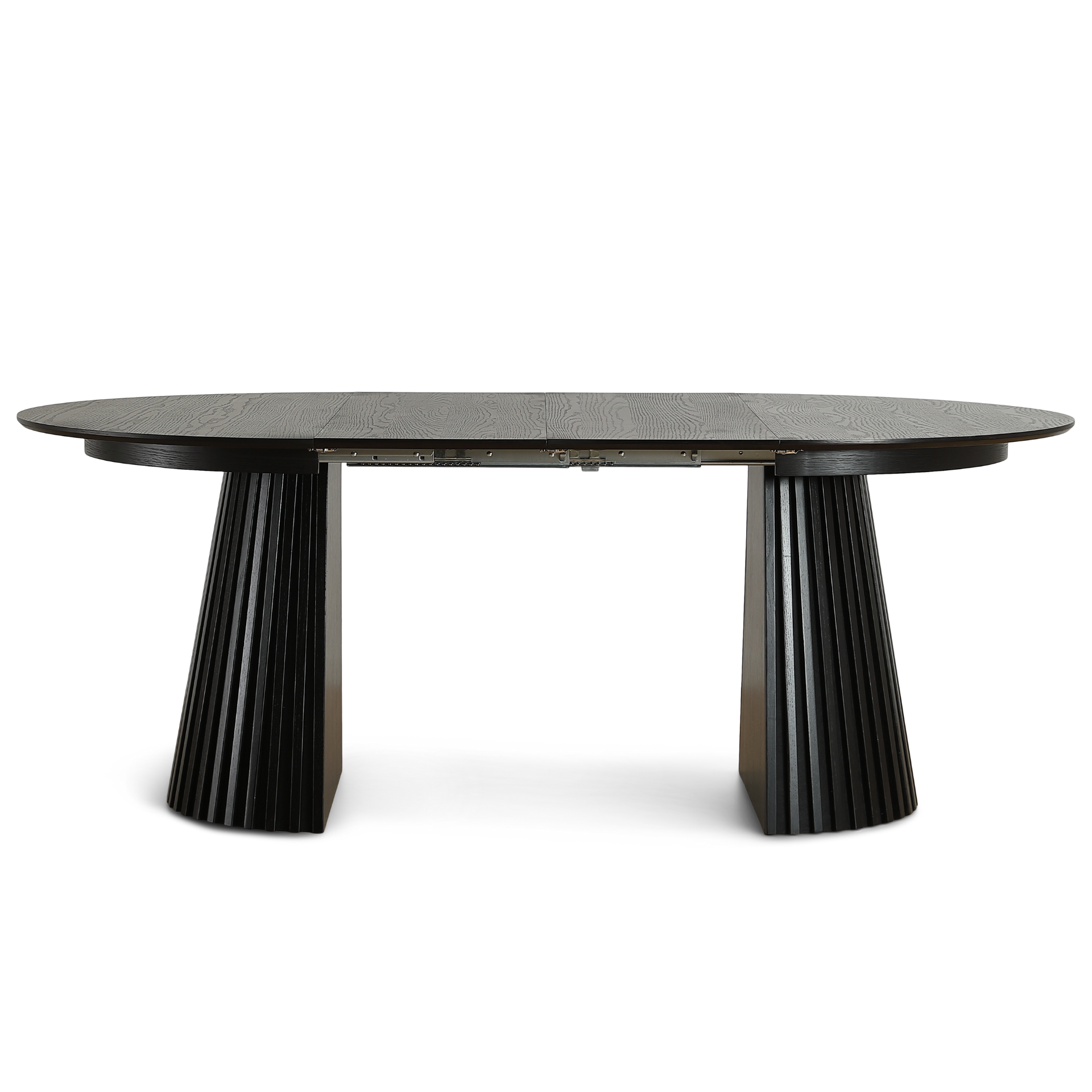 Lewis - Table ronde à lamelles en placage de chêne noir avec rallonge 120/160/200 cm - 2 rallonges incluses