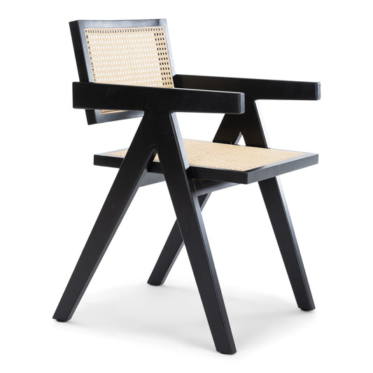 Ava - Chaise de salle à manger avec accoudoirs noire avec assise en rotin