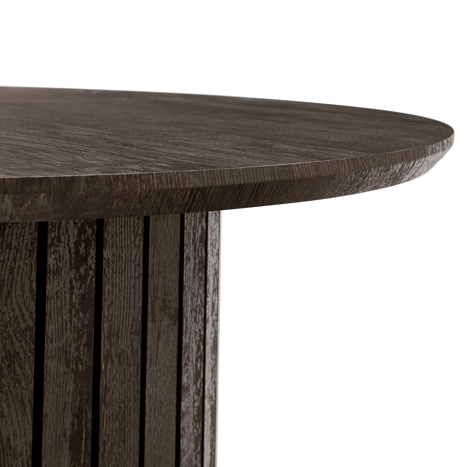 Milas - Table de salle à manger ronde à lamelles Ø120 cm en chêne fumé avec pied colonne
