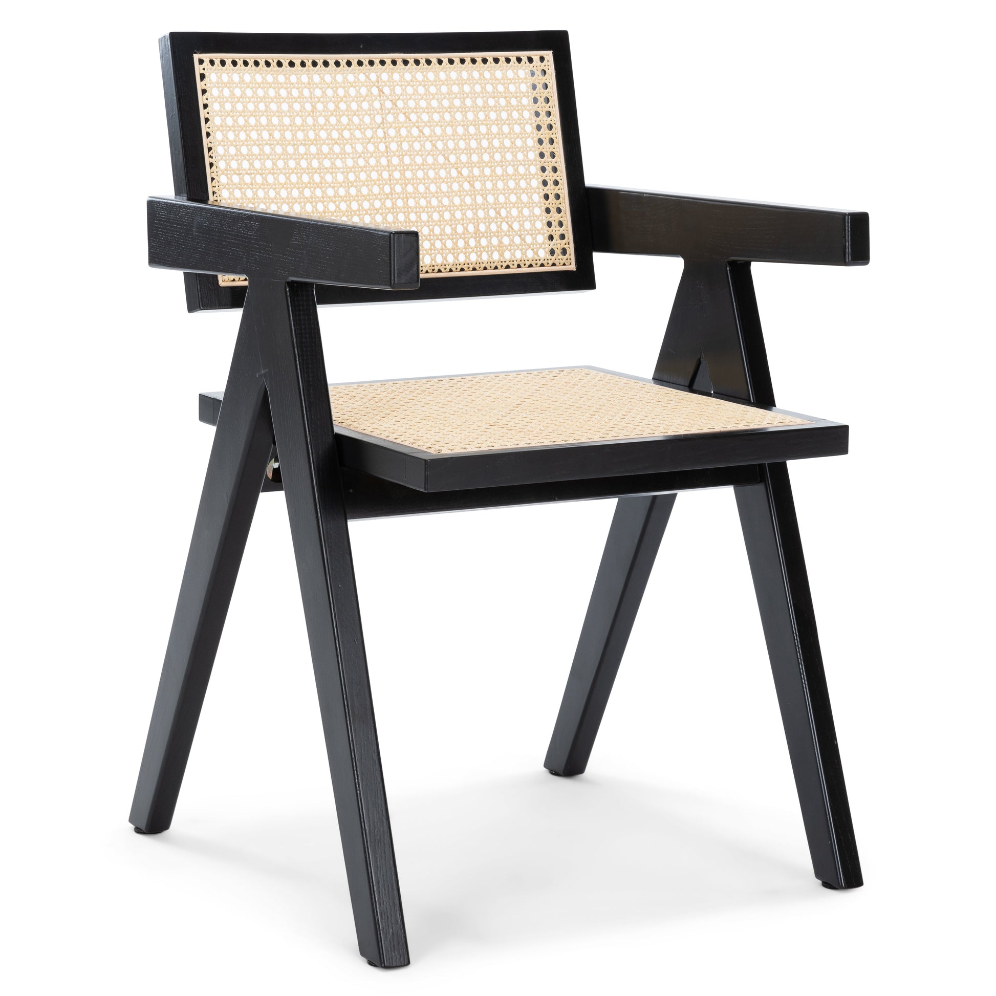 Ava - Chaise de salle à manger avec accoudoirs noire avec assise en rotin